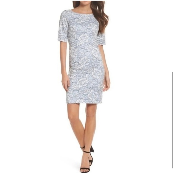 NWT Eliza J | Light Blue Floral Lace Sheath Dress with Low V Back Size 6 - Picture 5 of 12
